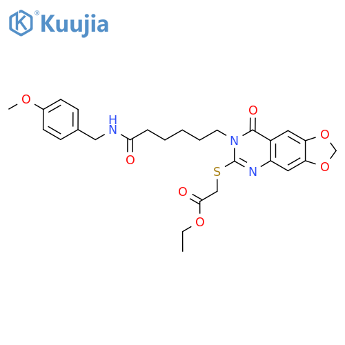 ethyl 2-{[7-(5-{[(4-methoxyphenyl)methyl]carbamoyl}pentyl)-8-oxo-2H,7H,8H-[1,3]dioxolo[4,5-g]quinazolin-6-yl]sulfanyl}acetate structure