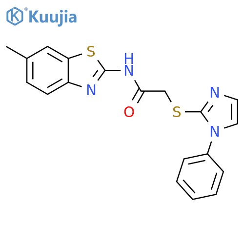 N-(6-methyl-1,3-benzothiazol-2-yl)-2-(1-phenyl-1H-imidazol-2-yl)sulfanylacetamide structure
