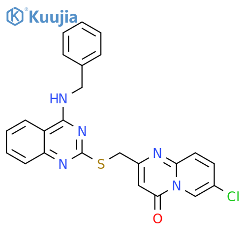 2-({4-(benzylamino)quinazolin-2-ylsulfanyl}methyl)-7-chloro-4H-pyrido1,2-apyrimidin-4-one structure
