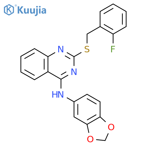 N-(2H-1,3-benzodioxol-5-yl)-2-{[(2-fluorophenyl)methyl]sulfanyl}quinazolin-4-amine structure