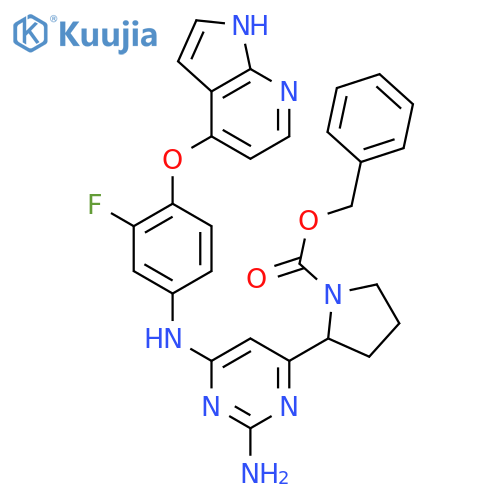 1-PYRROLIDINECARBOXYLIC ACID, 2-[2-AMINO-6-[[3-FLUORO-4-(1H-PYRROLO[2,3-B]PYRIDIN-4-YLOXY)PHENYL]AMINO]-4-PYRIMIDINYL]-, PHENYLMETHYL ESTER structure