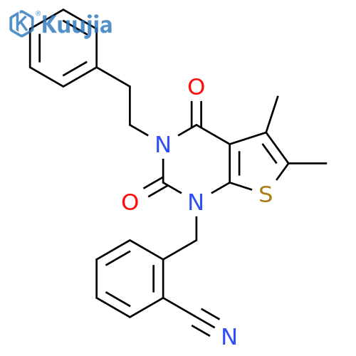 2-{5,6-dimethyl-2,4-dioxo-3-(2-phenylethyl)-1H,2H,3H,4H-thieno2,3-dpyrimidin-1-ylmethyl}benzonitrile structure