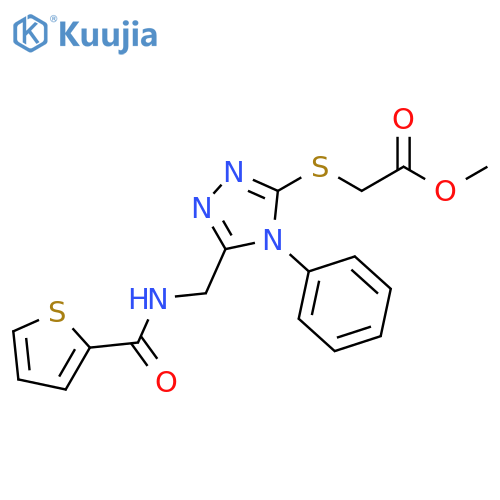 methyl 2-(4-phenyl-5-{(thiophen-2-yl)formamidomethyl}-4H-1,2,4-triazol-3-yl)sulfanylacetate structure