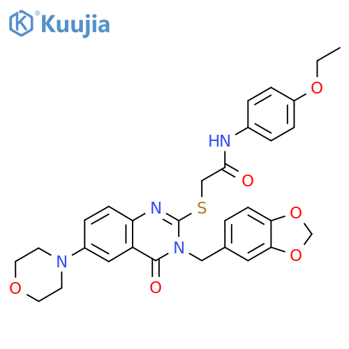 2-({3-(2H-1,3-benzodioxol-5-yl)methyl-6-(morpholin-4-yl)-4-oxo-3,4-dihydroquinazolin-2-yl}sulfanyl)-N-(4-ethoxyphenyl)acetamide structure