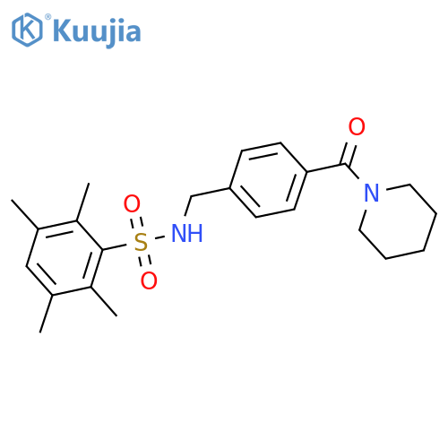 2,3,5,6-tetramethyl-N-{4-(piperidine-1-carbonyl)phenylmethyl}benzene-1-sulfonamide structure