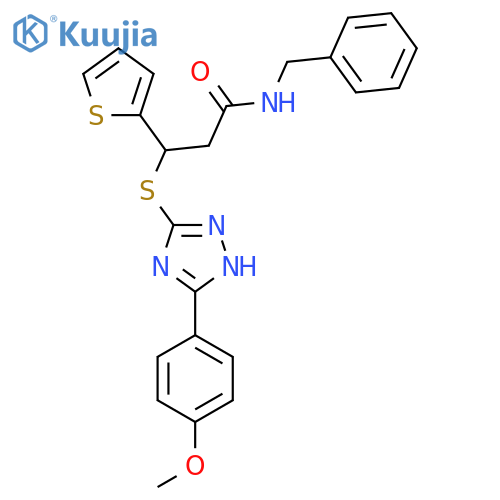 N-benzyl-3-{3-(4-methoxyphenyl)-1H-1,2,4-triazol-5-ylsulfanyl}-3-(thiophen-2-yl)propanamide structure