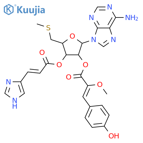 2'-O-[3-(4-Hydroxyphenyl)-2-methoxypropenoyl]-3'-O-[3-(1H-imidazol-4-yl)propenoyl]-S-methyl-5'-thioadenosine structure