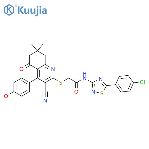 N-5-(4-chlorophenyl)-1,2,4-thiadiazol-3-yl-2-{3-cyano-4-(4-methoxyphenyl)-7,7-dimethyl-5-oxo-5,6,7,8-tetrahydroquinolin-2-ylsulfanyl}acetamide structure