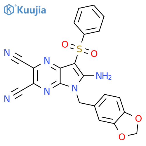 6-Amino-7-(benzenesulfonyl)-5-(1,3-benzodioxol-5-ylmethyl)pyrrolo[2,3-b]pyrazine-2,3-dicarbonitrile structure