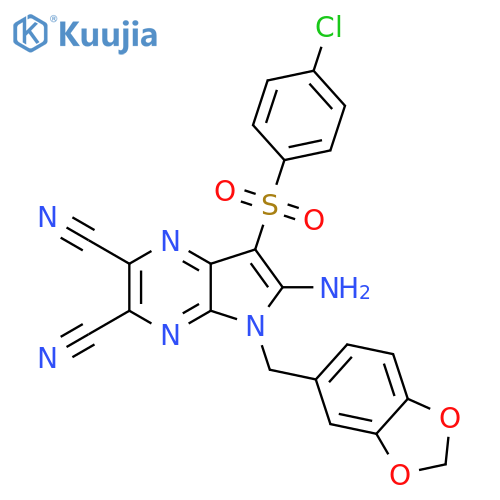 6-Amino-5-(1,3-benzodioxol-5-ylmethyl)-7-(4-chlorophenyl)sulfonylpyrrolo[2,3-b]pyrazine-2,3-dicarbonitrile structure