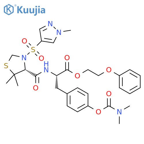 L-Tyrosine,N-[[(4R)-5,5-dimethyl-3-[(1-methyl-1H-pyrazol-4-yl)sulfonyl]-4-thiazolidinyl]carbonyl]-, 2-phenoxyethyl ester, dimethylcarbamate (ester) structure