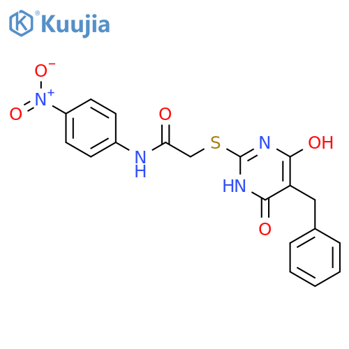 <br>2-[(5-benzyl-4-hydroxy-6-oxo-1,6-dihydro-2-pyrimidinyl)thio]-N-(4-nitrophen yl)acetamide structure