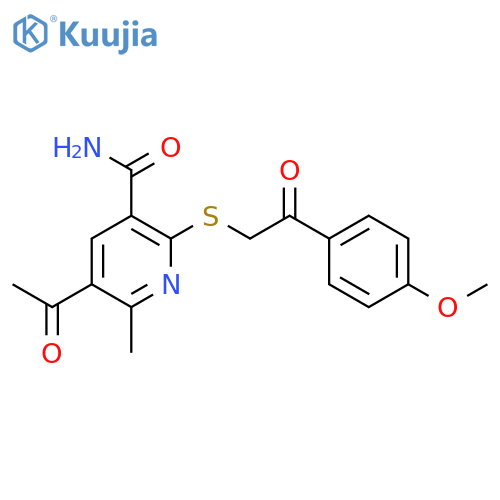 5-acetyl-2-{[2-(4-methoxyphenyl)-2-oxoethyl]sulfanyl}-6-methylpyridine-3-carboxamide structure