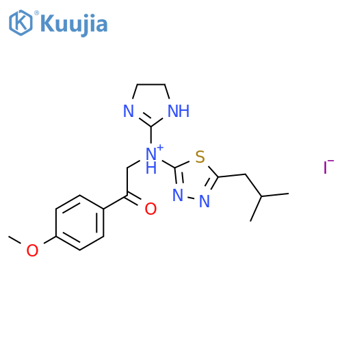 N-(4,5-dihydro-1H-imidazol-2-yl)-N-[2-(4-methoxyphenyl)-2-oxoethyl]-5-(2-methylpropyl)-1,3,4-thiadiazol-2-aminium iodide structure