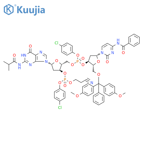 3'-Guanylic acid, N-benzoyl-5'-O-[bis(4-methoxyphenyl)phenylmethyl]-P-(4-chlorophenyl)cytidylyl-(3'->5')-2'-deoxy-N-(2-methyl-1-oxopropyl)-, 4-chlorophenyl 2-cyanoethyl ester structure