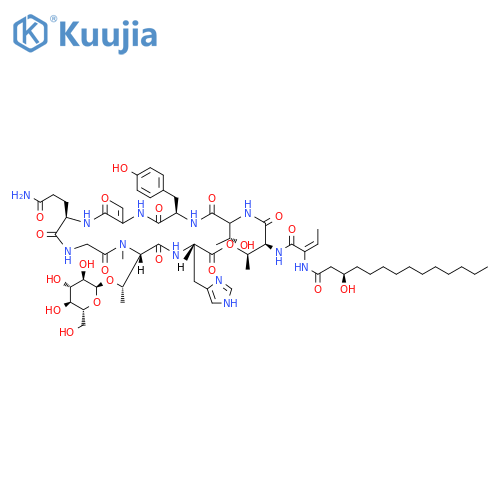 L-Histidine,(2E)-2-[[(3R)-3-hydroxy-1-oxotetradecyl]amino]-2-butenoyl-L-threonyl-D-allothreonyl-D-tyrosyl-(2E)-2-amino-2-butenoyl-D-glutaminylglycyl-O-a-D-glucopyranosyl-N-methyl-L-allothreonyl-,(9&reg;2)-lactone (9CI) structure