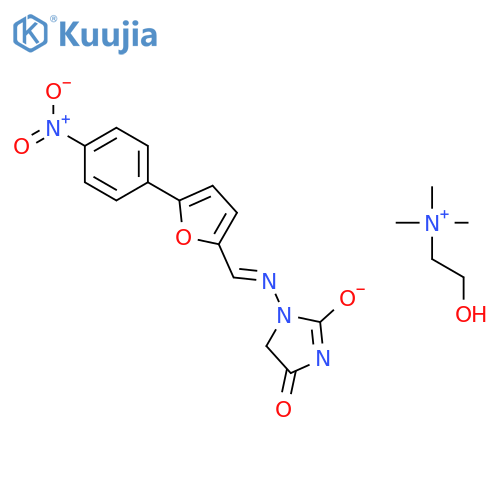 2-hydroxy-N,N,N-trimethylethanaminium 1-({(E)-[5-(4-nitrophenyl)furan-2-yl]methylidene}amino)-4-oxo-4,5-dihydro-1H-imidazol-2-olate structure