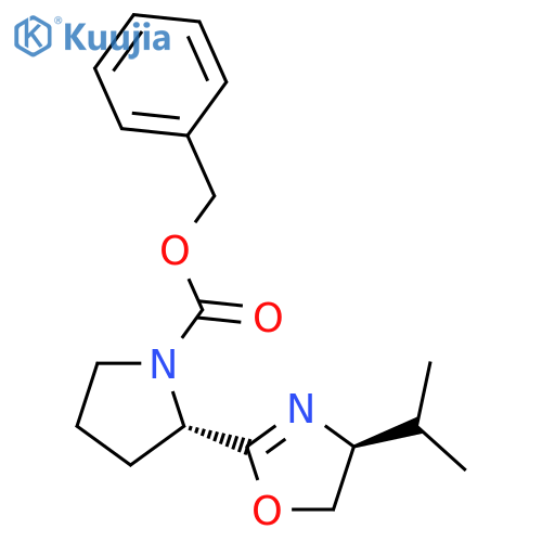 1-Pyrrolidinecarboxylic acid, 2-[(4S)-4,5-dihydro-4-(1-methylethyl)-2-oxazolyl]-, phenylmethyl ester, (2S)- structure