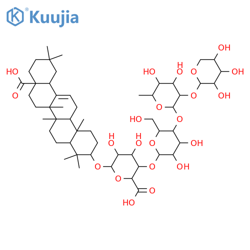 β-D-Glucopyranosiduronic acid, (3β)-17-carboxy-28-norolean-12-en-3-yl O-α-L-arabinofuranosyl-(1→2)-O-6-deoxy-α-L-mannopyranosyl-(1→4)-O-β-D-glucopyranosyl-(1→4)- structure
