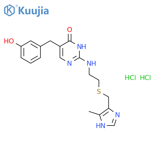 5-(3-hydroxybenzyl)-2-[(2-{[(5-methyl-1H-imidazol-4-yl)methyl]sulfanyl}ethyl)amino]pyrimidin-4(3H)-one dihydrochloride structure