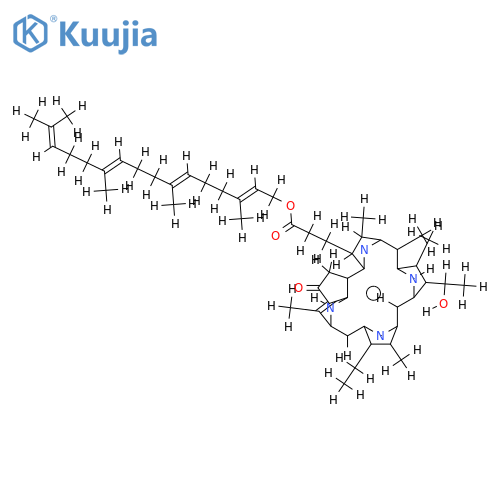 3-[14-ethyl-9-(1-hydroxy-ethyl)-4,6,8,13,18-pentamethyl-20-oxo-23H,25H-phorbin-3-yl]-propionic acid 3,7,11,15-tetramethyl-hexadeca-2,6,10,14-tetraenyl ester structure