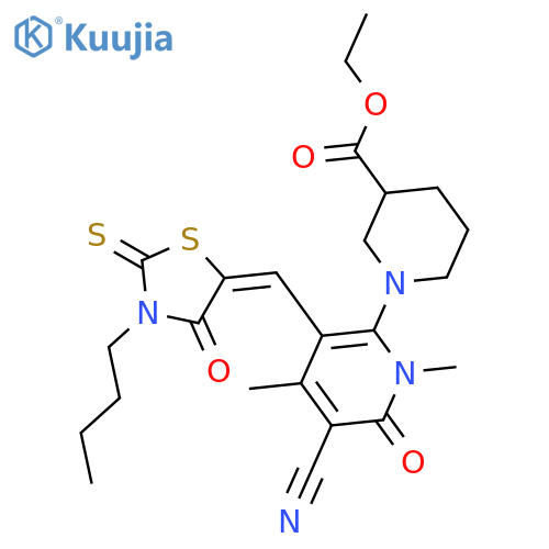 ethyl 1-{3-[(3-butyl-4-oxo-2-thioxo-1,3-thiazolidin-5-ylidene)methyl]-5-cyano-1,4-dimethyl-6-oxo-1,6-dihydropyridin-2-yl}piperidine-3-carboxylate structure
