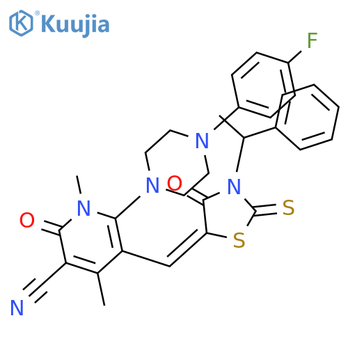 6-[4-(4-fluorophenyl)piperazin-1-yl]-1,4-dimethyl-2-oxo-5-{[4-oxo-3-(1-phenylethyl)-2-thioxo-1,3-thiazolidin-5-ylidene]methyl}-1,2-dihydropyridine-3-carbonitrile structure