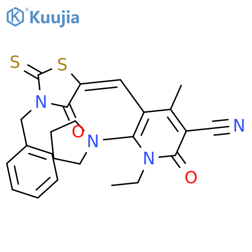5-[(3-benzyl-4-oxo-2-thioxo-1,3-thiazolidin-5-ylidene)methyl]-1-ethyl-4-methyl-2-oxo-6-pyrrolidin-1-yl-1,2-dihydropyridine-3-carbonitrile structure