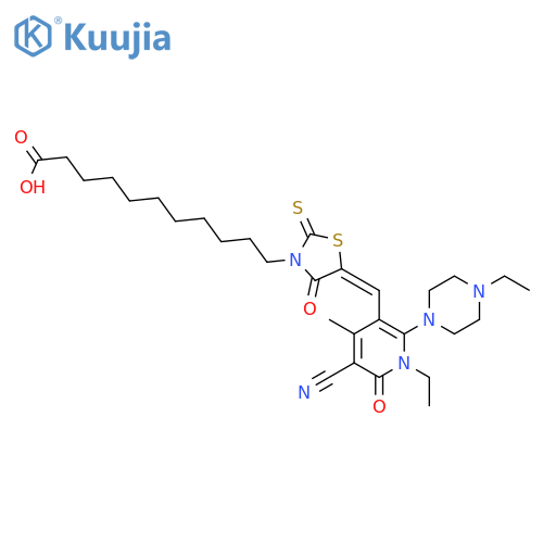 11-(5-{[5-cyano-1-ethyl-2-(4-ethylpiperazin-1-yl)-4-methyl-6-oxo-1,6-dihydropyridin-3-yl]methylidene}-4-oxo-2-thioxo-1,3-thiazolidin-3-yl)undecanoic acid structure