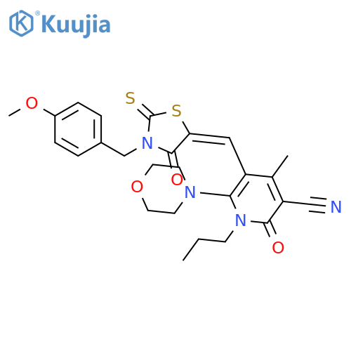 5-{[3-(4-methoxybenzyl)-4-oxo-2-thioxo-1,3-thiazolidin-5-ylidene]methyl}-4-methyl-6-morpholin-4-yl-2-oxo-1-propyl-1,2-dihydropyridine-3-carbonitrile structure