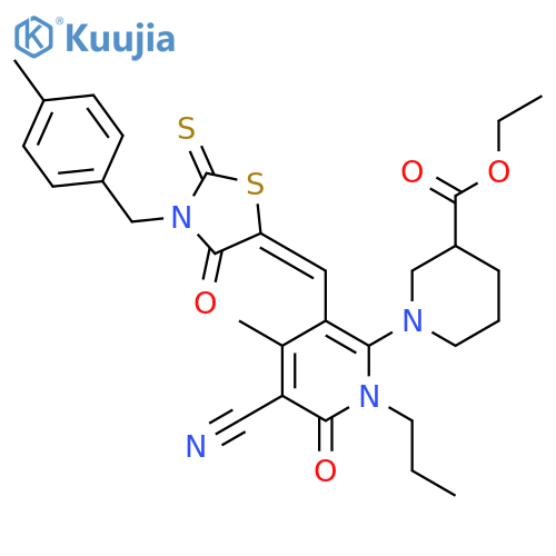 ethyl 1-(5-cyano-4-methyl-3-{[3-(4-methylbenzyl)-4-oxo-2-thioxo-1,3-thiazolidin-5-ylidene]methyl}-6-oxo-1-propyl-1,6-dihydropyridin-2-yl)piperidine-3-carboxylate structure