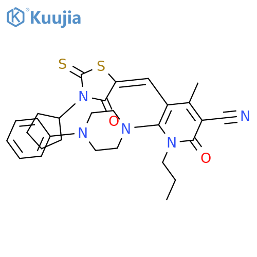 5-[(3-cyclopentyl-4-oxo-2-thioxo-1,3-thiazolidin-5-ylidene)methyl]-4-methyl-2-oxo-6-(4-phenylpiperazin-1-yl)-1-propyl-1,2-dihydropyridine-3-carbonitrile structure