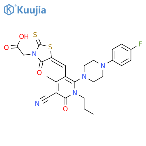 [5-({5-cyano-2-[4-(4-fluorophenyl)piperazin-1-yl]-4-methyl-6-oxo-1-propyl-1,6-dihydropyridin-3-yl}methylidene)-4-oxo-2-thioxo-1,3-thiazolidin-3-yl]acetic acid structure