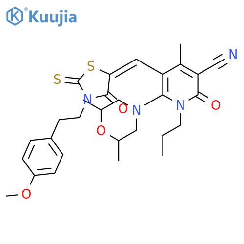 6-(2,6-dimethylmorpholin-4-yl)-5-({3-[2-(4-methoxyphenyl)ethyl]-4-oxo-2-thioxo-1,3-thiazolidin-5-ylidene}methyl)-4-methyl-2-oxo-1-propyl-1,2-dihydropyridine-3-carbonitrile structure