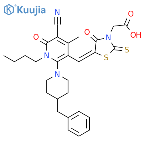 (5-{[2-(4-benzylpiperidin-1-yl)-1-butyl-5-cyano-4-methyl-6-oxo-1,6-dihydropyridin-3-yl]methylidene}-4-oxo-2-thioxo-1,3-thiazolidin-3-yl)acetic acid structure