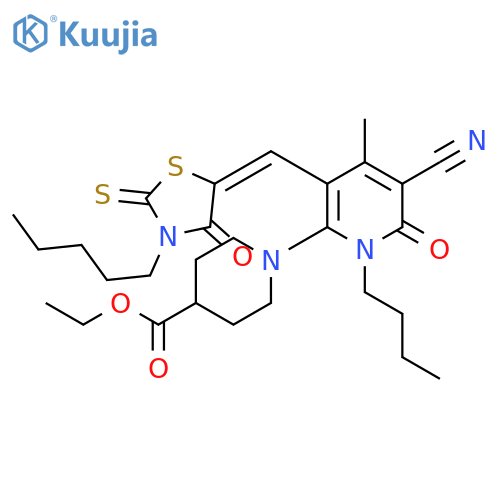 ethyl 1-{1-butyl-5-cyano-4-methyl-6-oxo-3-[(4-oxo-3-pentyl-2-thioxo-1,3-thiazolidin-5-ylidene)methyl]-1,6-dihydropyridin-2-yl}piperidine-4-carboxylate structure