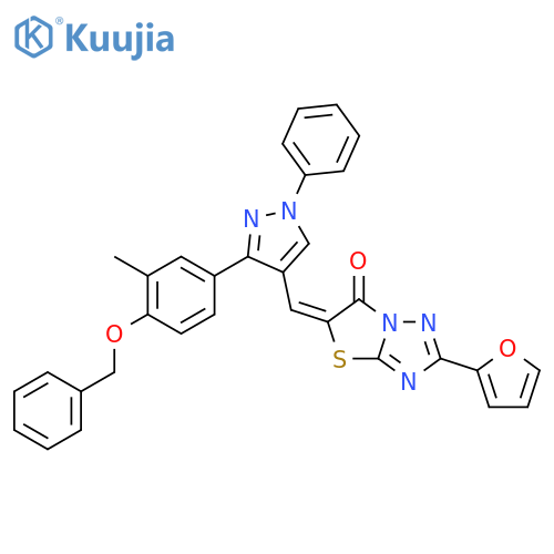 5-({3-[4-(benzyloxy)-3-methylphenyl]-1-phenyl-1H-pyrazol-4-yl}methylidene)-2-furan-2-yl[1,3]thiazolo[3,2-b][1,2,4]triazol-6(5H)-one structure