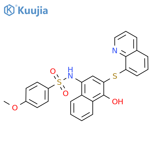 N-4-hydroxy-3-(quinolin-8-ylsulfanyl)naphthalen-1-yl-4-methoxybenzene-1-sulfonamide structure