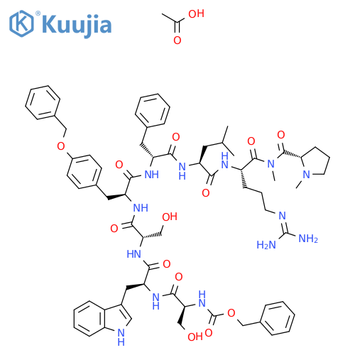 Acetic acid;benzyl N-[(2S)-1-[[(2S)-1-[[(2S)-1-[[(2S)-1-[[(2R)-1-[[(2S)-1-[[(2S)-5-(diaminomethylideneamino)-1-[methyl-[(2S)-1-methylpyrrolidine-2-carbonyl]amino]-1-oxopentan-2-yl]amino]-4-methyl-1-oxopentan-2-yl]amino]-1-oxo-3-phenylpropan-2-yl]amino]-1-oxo-3-(4-phenylmethoxyphenyl)propan-2-yl]amino]-3-hydroxy-1-oxopropan-2-yl]amino]-3-(1H-indol-3-yl)-1-oxopropan-2-yl]amino]-3-hydroxy-1-oxopropan-2-yl]carbamate structure