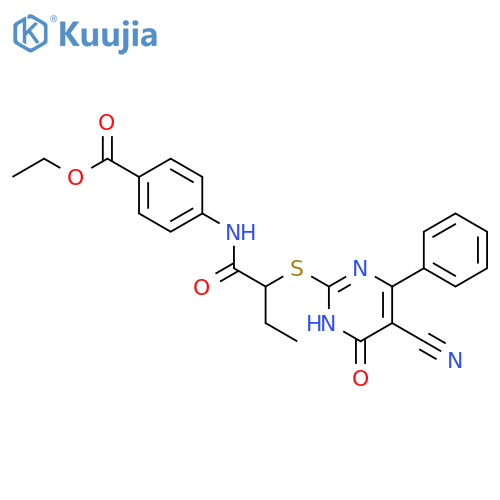 <br>ethyl 4-({2-[(5-cyano-6-oxo-4-phenyl-1,6-dihydro-2-pyrimidinyl)thio]butanoy l}amino)benzoate structure