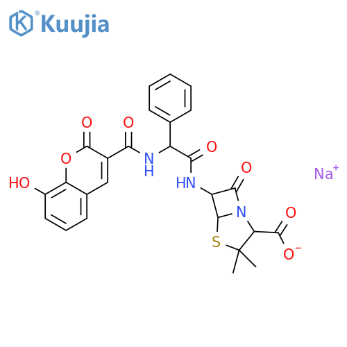 sodium (2R,5R,6R)-6-{[{[(8-hydroxy-2-oxo-2H-chromen-3-yl)carbonyl]amino}(phenyl)acetyl]amino}-3,3-dimethyl-7-oxo-4-thia-1-azabicyclo[3.2.0]heptane-2-carboxylate structure