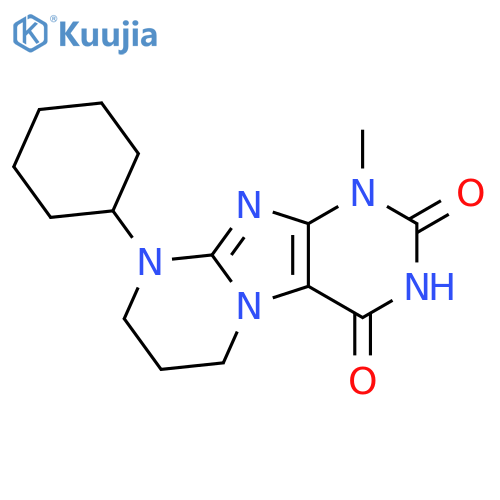 9-cyclohexyl-1-methyl-1H,2H,3H,4H,6H,7H,8H,9H-pyrimido1,2-gpurine-2,4-dione structure