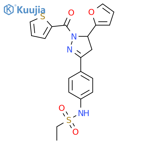 N-{4-5-(furan-2-yl)-1-(thiophene-2-carbonyl)-4,5-dihydro-1H-pyrazol-3-ylphenyl}ethane-1-sulfonamide structure