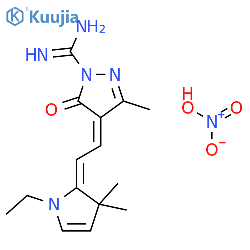 1H-Pyrazole-1-carboximidamide,4-[(1-ethyl-1,3-dihydro-3,3-dimethyl-2H-pyrrol-2-ylidene)ethylidene]-4,5-dihydro-3-methyl-5-oxo-, mononitrate structure