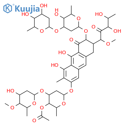 1-C-(7-{[4-O-acetyl-2,6-dideoxy-3-O-(2,6-dideoxy-4-O-methylhexopyranosyl)hexopyranosyl]oxy}-3-{[2,6-dideoxy-3-O-(2,6-dideoxyhexopyranosyl)hexopyranosyl]oxy}-5,10-dihydroxy-6-methyl-4-oxo-1,2,3,4-tetrahydroanthracen-2-yl)-5-deoxy-1-O-methylpent-2-ulose structure