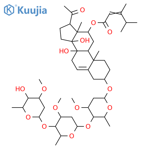 3-{[2,6-dideoxy-3-O-methylhexopyranosyl-(1->4)-2,6-dideoxy-3-O-methylhexopyranosyl-(1->4)-2,6-dideoxy-3-O-methylhexopyranosyl]oxy}-8,14-dihydroxy-20-oxopregn-5-en-12-yl (2E)-3,4-dimethylpent-2-enoate structure