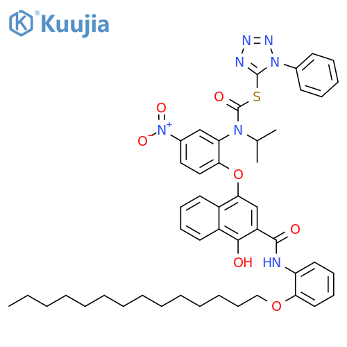 Carbamothioic acid, [2-[[4-hydroxy-3-[[[2-(tetradecyloxy)phenyl]amino]carbonyl]-1-naphthalenyl]oxy]-5-nitrophenyl](1-methylethyl)-, S-(1-phenyl-1H-tetrazol-5-yl) ester (9CI) structure