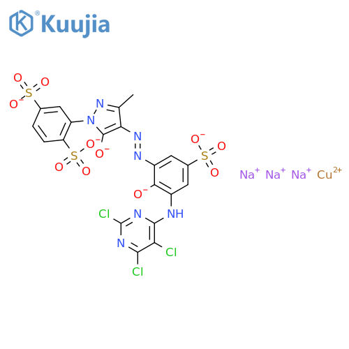 trisodium [2-[4,5-dihydro-4-[[2-hydroxy-5-sulpho-3-[(2,5,6-trichloro-4-pyrimidinyl)amino]phenyl]azo]-3-methyl-5-oxo-1H-pyrazol-1-yl]benzene-1,4-disulphonato(5-)]cuprate(3-) structure