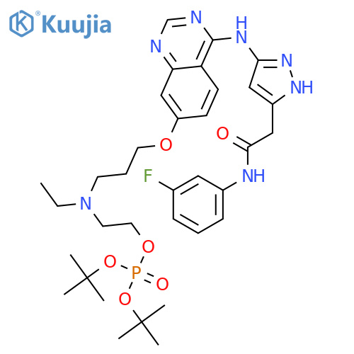 di-tert-butyl 2-[[3-({4-[(5-{2-[(3-fluorophenyl)amino]-2-oxoethyl}-1H-pyrazol-3-yl)amino]quinazolin-7-yl}oxy)propyl](ethyl)amino]ethyl phosphate structure