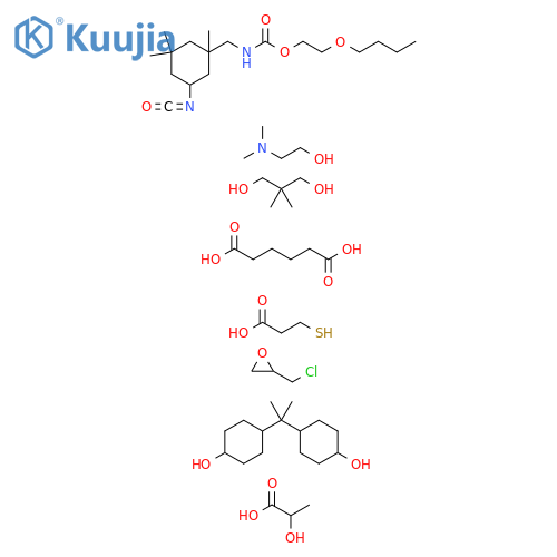 Hexanedioicacid,polymerwith2-butoxyethyl[(5-isocyanato-1,3,3-trimethylcyclohexyl)methyl]carbamatecompd.with2-(dimethylamino)ethanol(1:1),(chloromethyl)oxirane,2,2-dimethyl-1,3-propanediol,3-mercaptopropanoicacidand4,4'-(1-methylethylidene)bis[cyclohexanol],2-hydroxypropanoate(salt) structure
